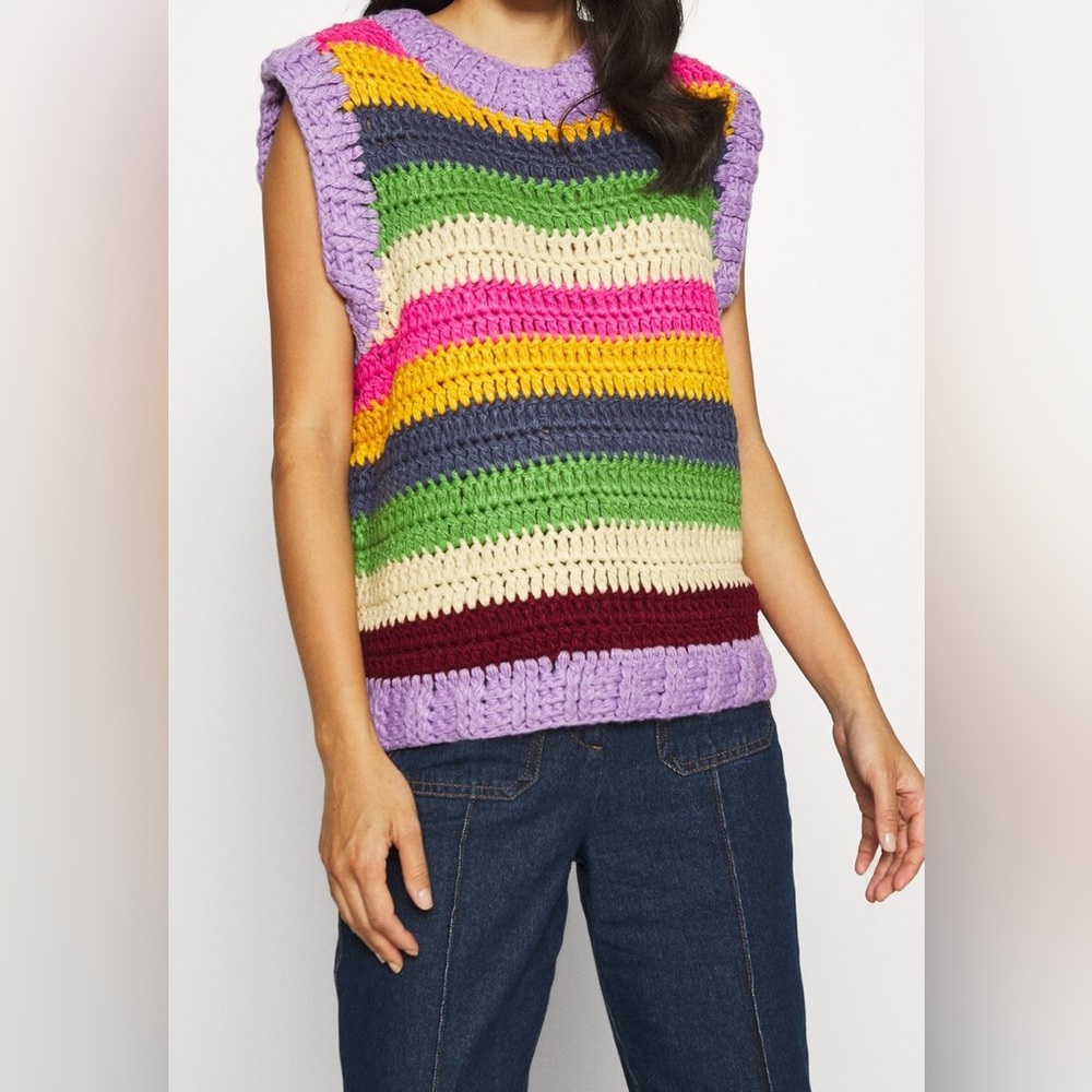 FARM RIO Colorblock Crochet Knit Vest — Multicolor Stripes